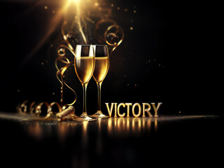 Poster - Two champagne flutes filled with sparkling wine stand on a black background, with a golden 
