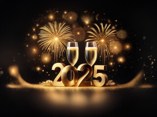 Poster - Two champagne flutes with golden liquid sit in front of the year 2025 with sparkling fireworks in the background.