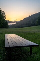 Poster - A scenic view of solar panels and wind turbines working in harmony in a green field, symbolizing net zero carbon innovation. The sky provides open copy space for text or branding.