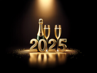 Poster - A bottle of champagne and two glasses sit in front of gold 2025 digits, bathed in a spotlight against a black background.