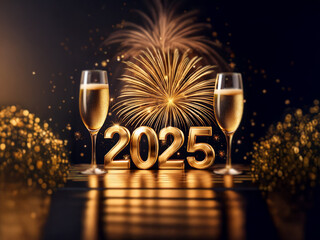 Poster - Two champagne flutes with golden liquid stand on a wooden surface in front of the gold-colored 2025 with a firework display behind it.