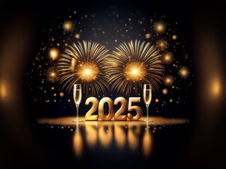 Poster - A festive celebration with two champagne flutes and golden fireworks surrounding the number 2025.