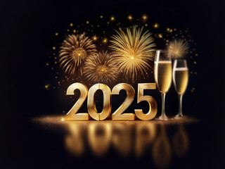 Poster - Golden 2025 numerals with champagne flutes in front of sparkling fireworks against a black background.