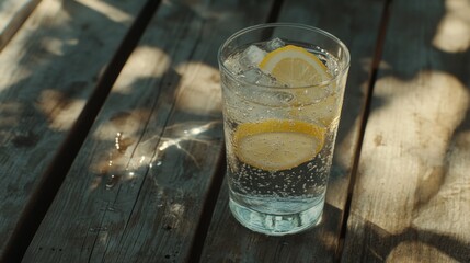 Poster - Refreshing Lemonade with Bubbles on Wooden Table