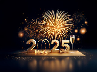 Poster - A celebratory scene with golden fireworks exploding in the night sky behind the 3D rendering of the year 2025 with a champagne glass.