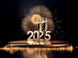 Poster - Two champagne flutes sit in front of the number 2025, with sparkling fireworks in the background.