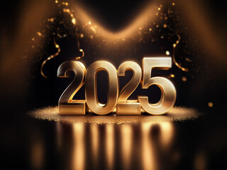 Poster - Golden 2025 in bold 3D font with shimmering confetti and spotlights on a dark background.