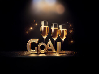 Poster - Three champagne flutes stand tall, filled to the brim, behind a golden word 