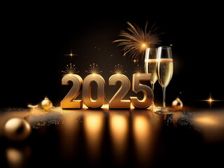 Poster - Golden 2025 new year's eve celebration with champagne flutes and sparkling fireworks.
