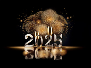 Poster - Golden fireworks explode behind 3D silver numerals 