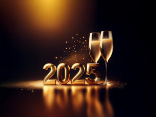 Leinwandbilder - Two champagne flutes are shown in front of gold 2025  numbers against a dark, shimmering background.