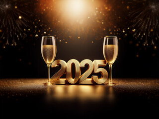 Poster - Two champagne flutes stand on either side of a large, gold 