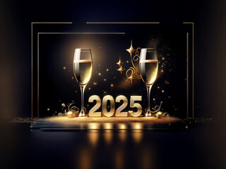 Poster - Two champagne flutes with golden liquid stand on a dark background with the year 2025 in gold.