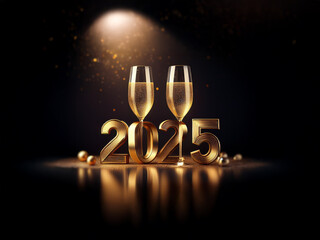 Poster - Two champagne flutes sit behind a gold 2025 on a dark reflective surface, illuminated by a spotlight.