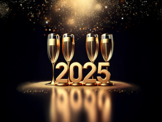 Poster - Four champagne flutes stand in front of gold 2025 numerals on a reflective surface with a golden bokeh background.