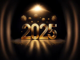 Poster - A glowing gold 2025 sits center stage, illuminated by a spotlight and surrounded by celebratory confetti.