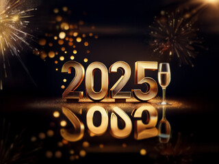 Poster - Gold 2025 numbers on a dark background with champagne glass and fireworks