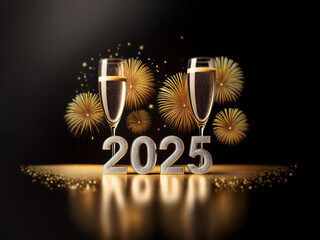 Poster - Two champagne flutes with golden fireworks in the background and the year 2025 in 3D white text on a reflective surface.