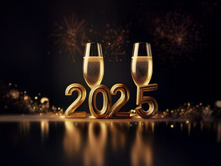 Poster - Two champagne flutes with golden liquid stand in front of the golden numbers 2025.  A sparkling background of fireworks and lights complete the festive scene.
