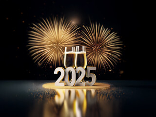 Poster - Two champagne flutes and the year 2025 are in front of a dark background with two bursts of golden fireworks.