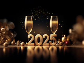 Poster - Two champagne flutes filled with sparkling wine stand before the year 2025, depicted in gold, with festive decorations surrounding the scene.