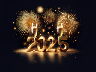 Poster - Golden 2025 with champagne flutes in front of fireworks on a black background.