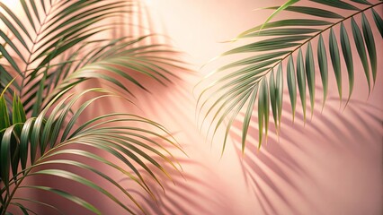 Wall Mural - Palm Fronds Cast Long Shadows on a Peach-Colored Wall