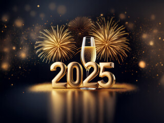 Poster - A glass of champagne sits in front of the year 2025, surrounded by golden fireworks and twinkling lights.
