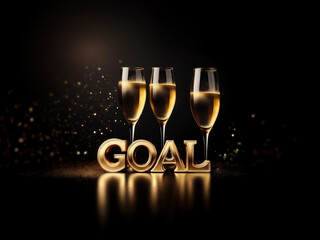 Poster - Three champagne flutes filled with sparkling golden liquid stand in front of the word 