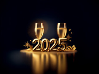 Poster - Two golden champagne glasses stand on a dark background with the number 2025 in gold, suggesting the celebration of the new year.