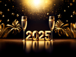 Poster - Two champagne flutes stand in front of a golden 2025. The background is black with glowing lights and gold confetti.