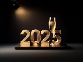 Poster - Gold 2025 numerals with a champagne flute on a black surface, illuminated by a spotlight.