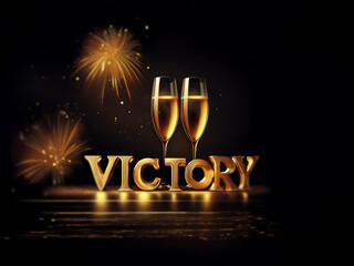 Poster - Two golden champagne flutes with sparkling wine stand in front of the word 