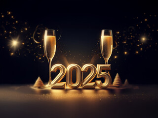 Poster - Two champagne flutes stand on either side of large, golden 2025 numerals with glowing lights and sparkling accents.