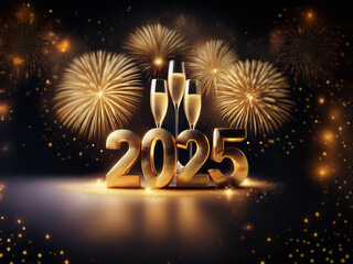 Poster - Gold 2025 numerals with champagne flutes in front of fireworks against a dark background.