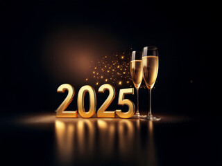 Poster - Two champagne flutes with golden liquid stand beside the gold number 2025 on a dark background with scattered sparkles.