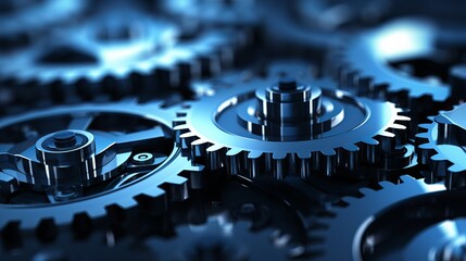 Poster - Close-up view of interconnected metal gears in a complex mechanical assembly with blue lighting