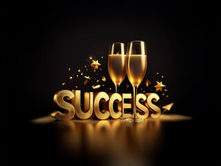 Poster - Two champagne flutes filled with golden liquid stand in front of the word 