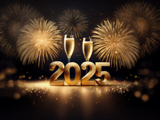 Poster - Two champagne glasses sit in front of the golden number 2025, with a sparkling background of fireworks.
