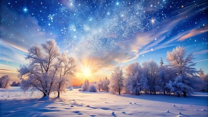 Sticker - A frosty winter landscape bathed in the golden glow of sunrise, with a clear blue sky dotted with twinkling stars and delicate snowflakes.