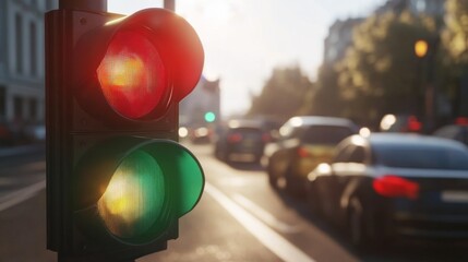 Poster - Traffic Light on Urban Street at Sunset