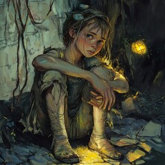 A Young Girl's Sadness: A Realistic Painting of Loneliness and Hope