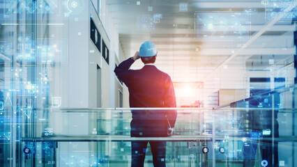 Fototapete - engineer, dx, digital transformation, technology, industry, factory, construction, system, future, manufacturing, warehouse, management, hi-tech, analysis, network, innovation, safety, inspection, mai
