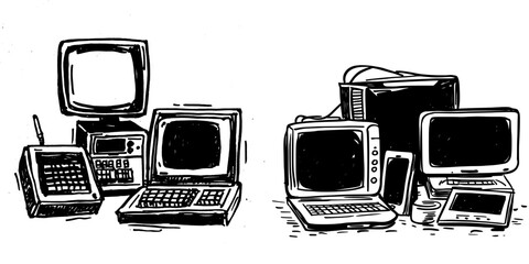 Poster - An illustration of different computer gadgets on a white background with doodles
