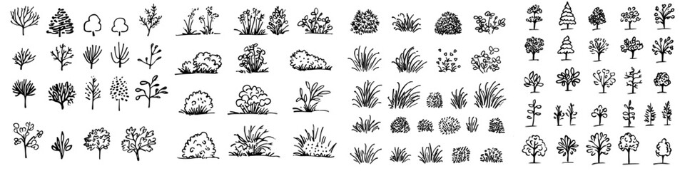 Modern sketch of architect shrubs, architectural illustration - set of hand drawn shrubs