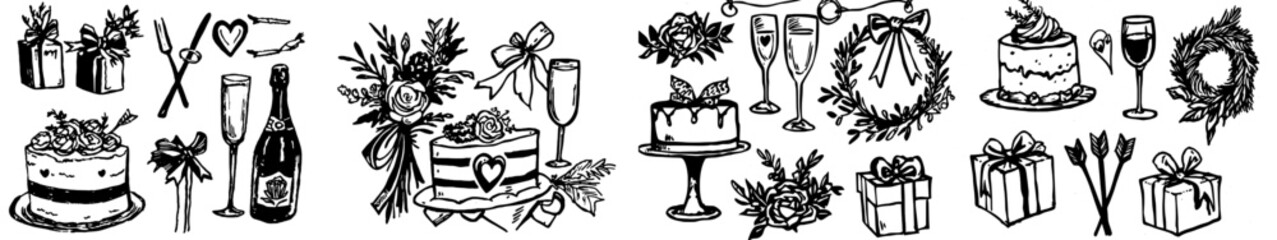 Wall Mural - Collection of hand drawn doodle wedding icons, illustrations, and elements. They can be used for invitations, greeting cards, posters, wreaths, ribbons, flower arrangements, and more.