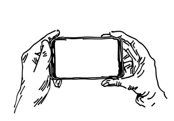 Poster - Continual one-line drawing of gesture hands and touchscreen of smartphone. Sharing on social networks or making online stories. Online transaction. Gadget concept.