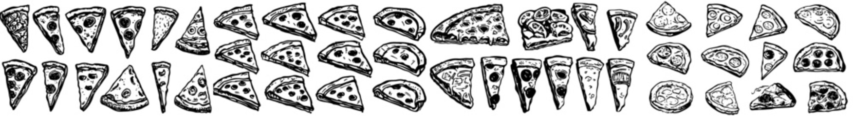 Wall Mural - Various types of pizza by hand drawn sketches. Whole and pieces with melted cheese. Perfect for menu design and packaging.