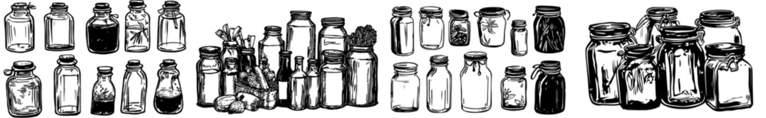 Wall Mural - Drawing of modern glass jars with contours on a white background