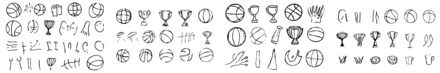 A set of basketball doodle elements including a basket sport ball and a winner's cup. The elements are drawn in a sketch style.